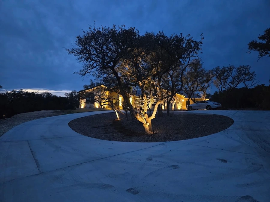 Landscape lighting illuminating a circular driveway and oak tree at a San Antonio home at dusk